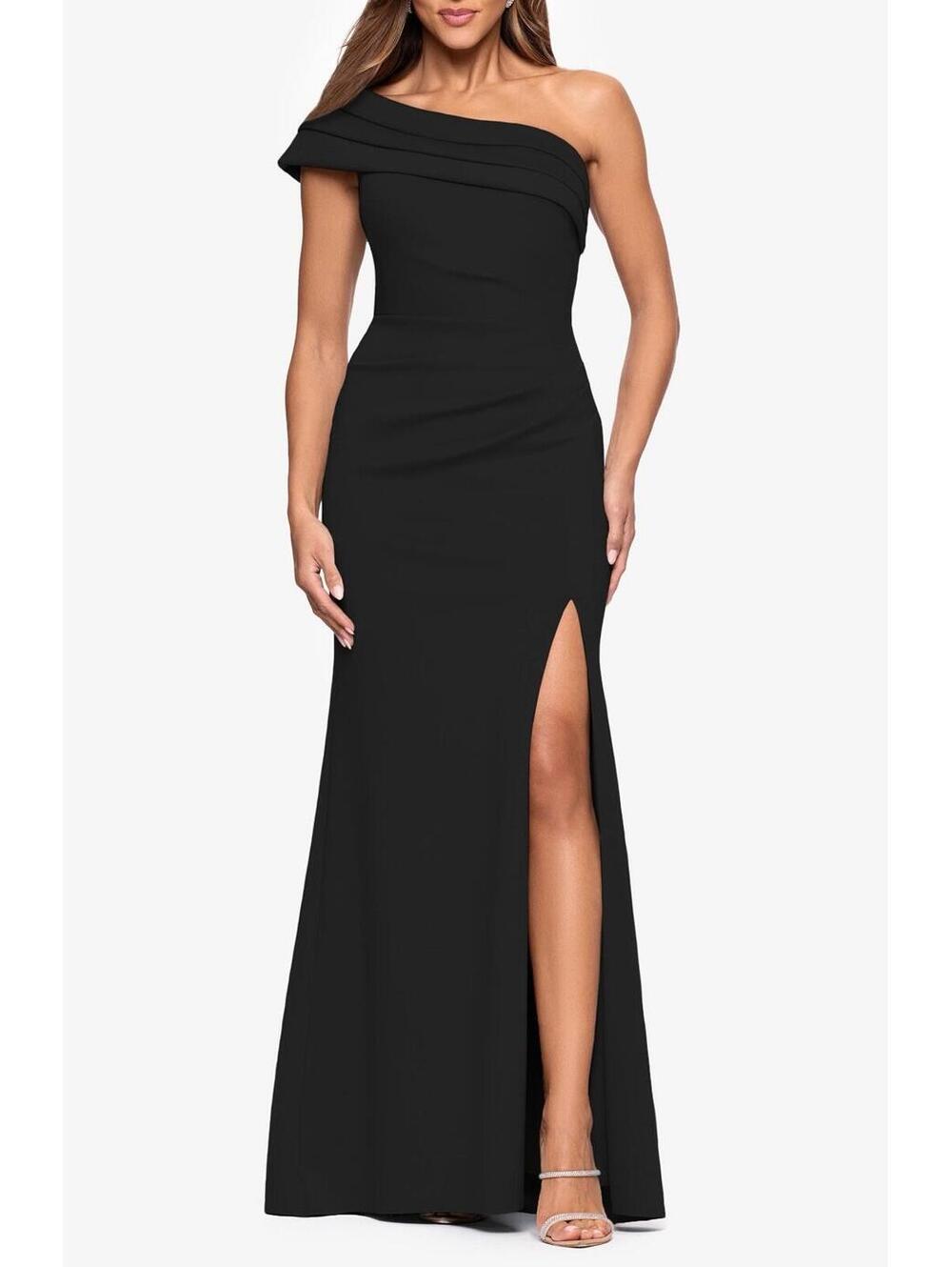 New Xscape Evenings One-Shoulder Knit Gown In Black Size 8 $258
